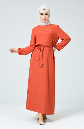 Sleeve Elasticity Belted Dress Brick 0048-04