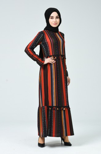 Tasseled Patterned Dress Brick Black 1438-01