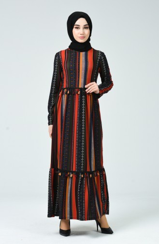 Püsküllü Desenli Elbise 1438-01 Kiremit Siyah 1438-01