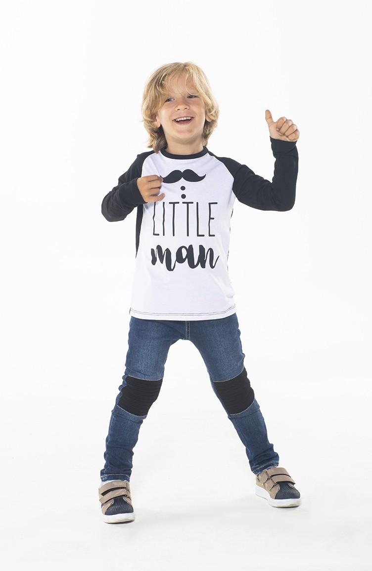 Erkek Cocuk Pantolon Tshirt Takim Zn Ss 098 Beyaz Lacivert Sefamerve
