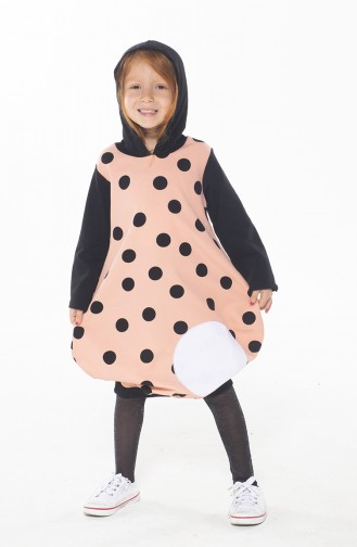 Kız Çocuk Kapüşonlu Puantiyeli Elbise ZN-SS-101 Siyah Somon