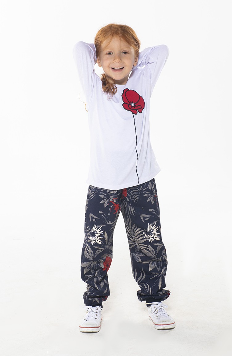 Kiz Cocuk Pantolon Tshirt Takim Zn Ss 114 Beyaz Lacivert Sefamerve