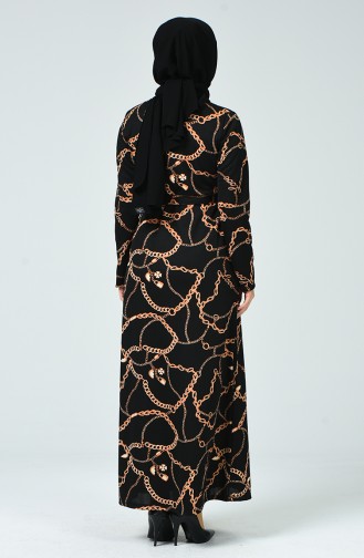 Zincir Desen Kuşaklı Elbise 1406-01 Siyah
