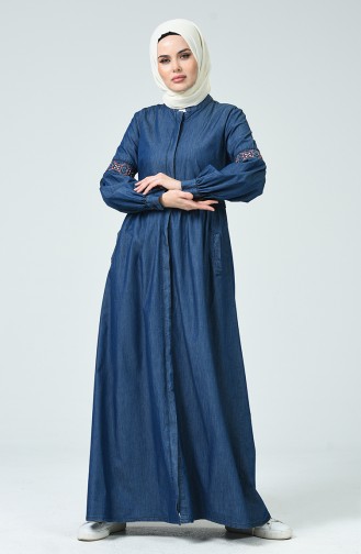 Abaya Jean Manches Brodée 4102-01 Bleu Marine 4102-01