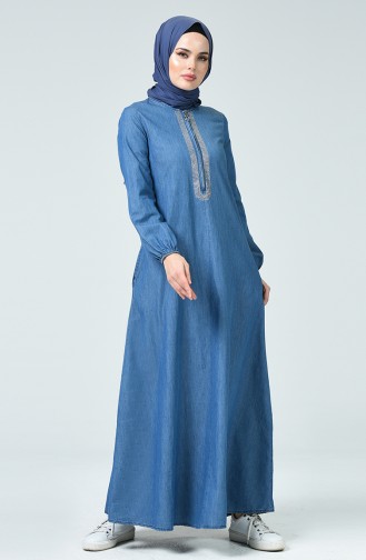 Taş Baskılı Kot Elbise 4090-02 Kot Mavi