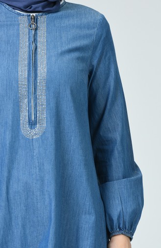 Taş Baskılı Kot Elbise 4090-02 Kot Mavi