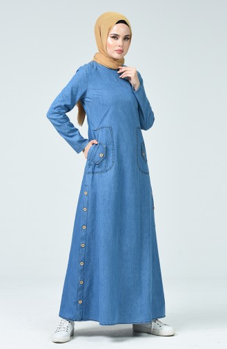 Düğme Detaylı Kot Elbise 4095-02 Kot Mavi
