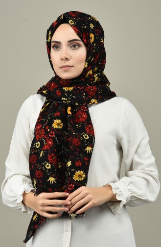 Floral Patterned Cotton Shawl Black Red 4594-01