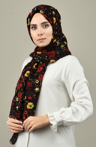 Floral Patterned Cotton Shawl Black Red 4594-01