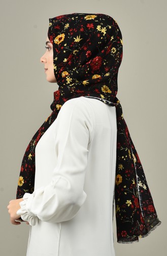 Floral Patterned Cotton Shawl Black Red 4594-01