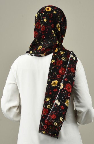 Floral Patterned Cotton Shawl Black Red 4594-01