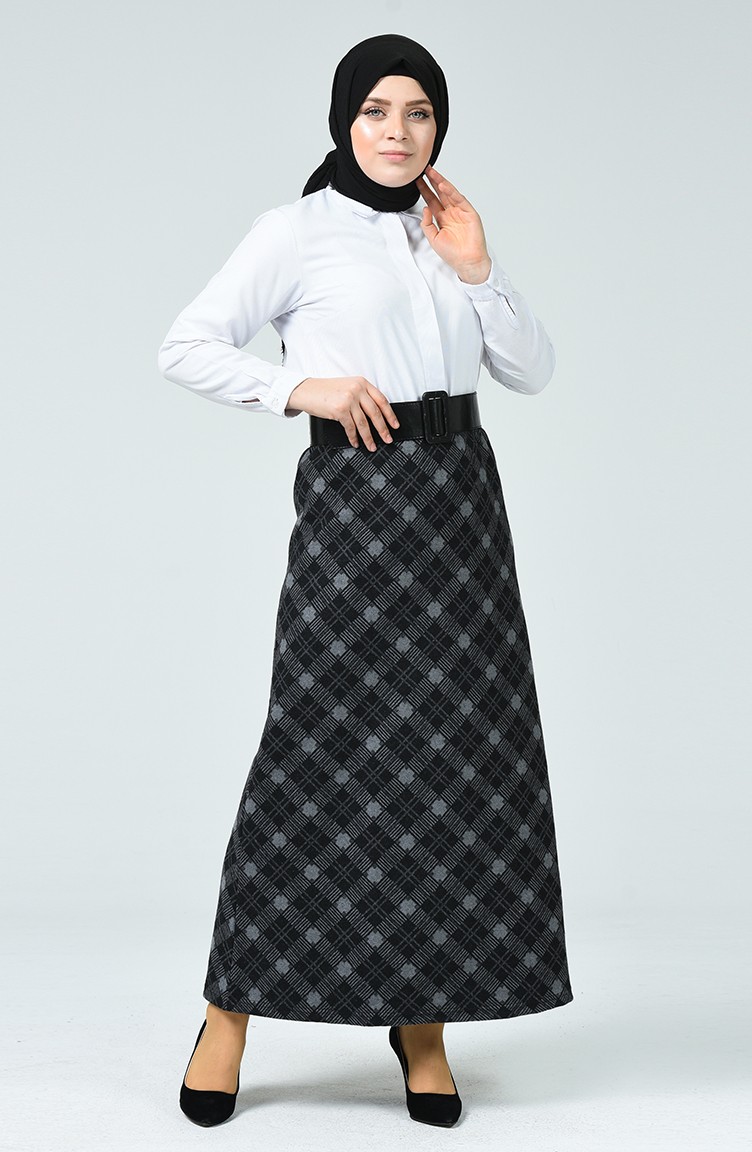 Sefamerve, Büyük Beden Desenli Kışlık Etek 1020E-01 Füme