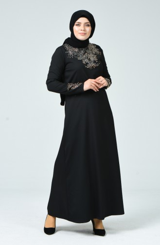 فستان بتصميم مُطبع بأحجار لامعة و بمقاسات كبيرة 0013-01 لون أسود 0013-01