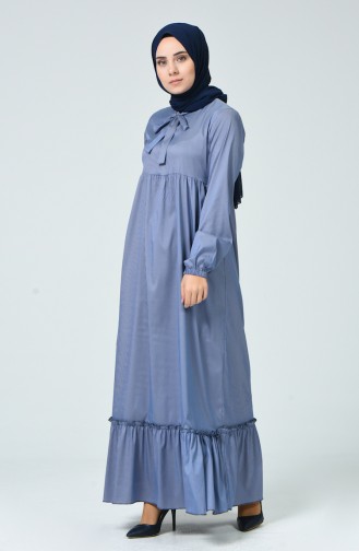 Büzgülü Elbise 1350A-01 Mavi Beyaz