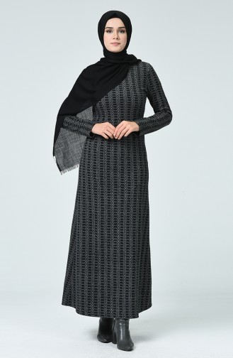 Desenli Kışlık Elbise 7002-02 Siyah Gri