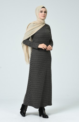 Desenli Kışlık Elbise 7002A-01 Siyah Vizon