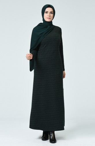 Desenli Kışlık Elbise 7002A-02 Siyah Zümrüt Yeşili