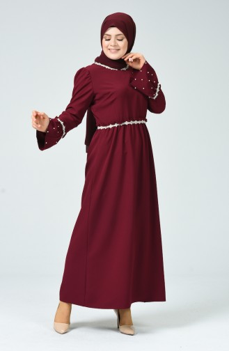فستان بتفاصيل من اللؤلؤ وبمقاسات كبيرة0110-04 لون خمري 0110-04
