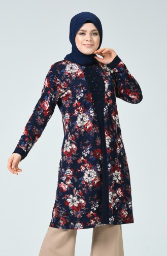 METEX Large Size Flower Patterned Pearls Tunic 1149-03 Navy Blue Red 1149-03