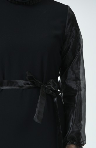 Organze Kol Kuşaklı Elbise 3748-01 Siyah