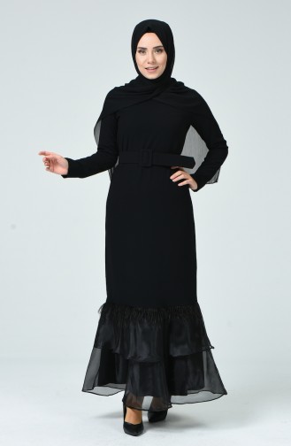 Etek Ucu Detaylı Kemerli Elbise 3749-01 Siyah