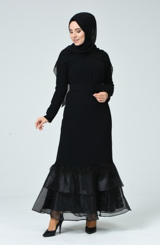 Etek Ucu Detaylı Kemerli Elbise 3749-01 Siyah