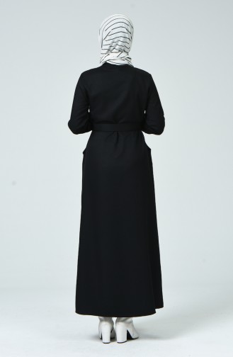 Boydan Düğmeli Kemerli Elbise 9082-03 Siyah
