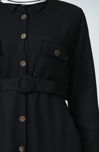 Boydan Düğmeli Kemerli Elbise 9082-03 Siyah
