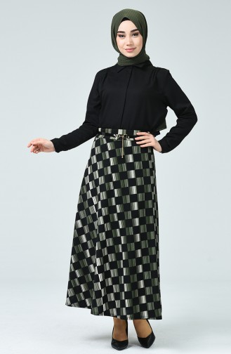 Belted Checked Skirt Green 1018-01