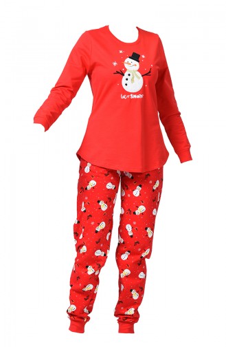 Bayan Uzun Kollu Pijama Takımı 903149-B Kırmızı