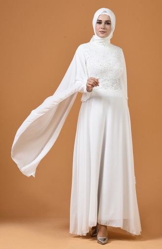 Ecru Hijab Evening Dress 5220-02