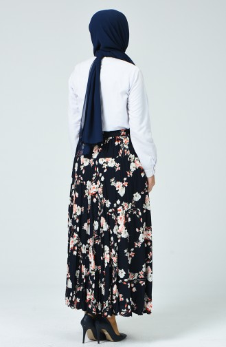 Flower Patterned Skirt Navy Blue 1008-02