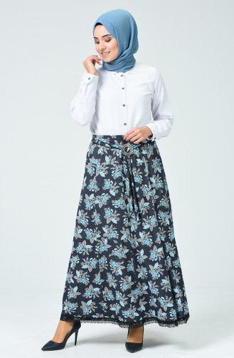 Arched Patterned Skirt Navy Blue 1025-02