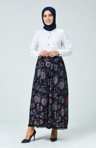 Patterned Skirt Navy Blue Khaki 1026-02
