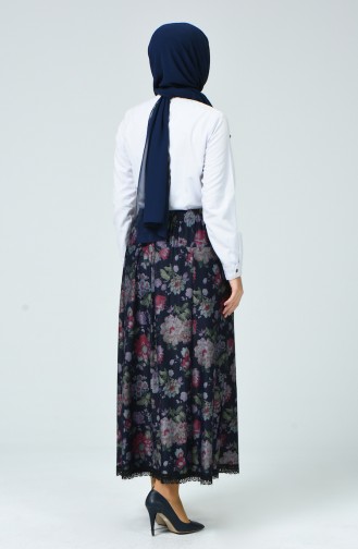 Patterned Skirt Navy Blue Khaki 1026-02