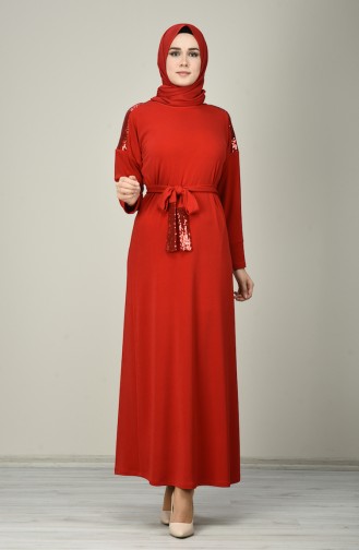 Robe Ceinturée à Paillettes 8136-02 Rouge 8136-02