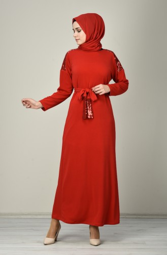 Robe Ceinturée à Paillettes 8136-02 Rouge 8136-02