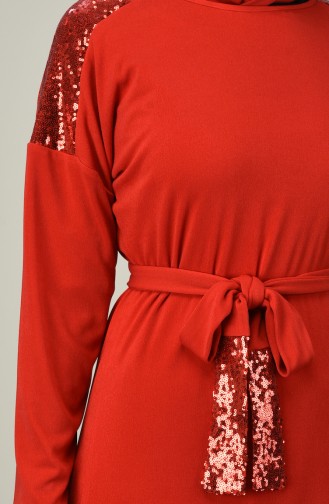 Robe Ceinturée à Paillettes 8136-02 Rouge 8136-02