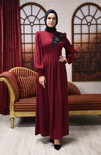 Payet Aplikeli Abiye Elbise 8031-08 Bordo