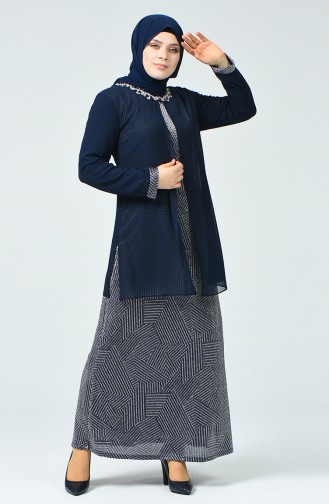 Navy Blue Hijab Evening Dress 1011A-02