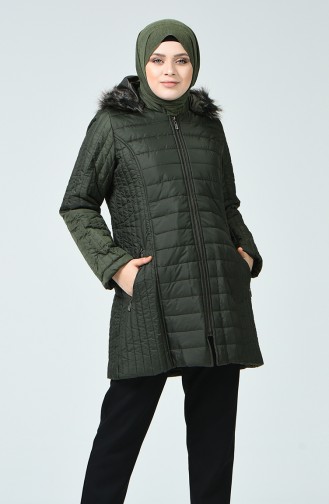 Plus Size Hooded Quilted Coat 1407-01 Khaki 1407-01