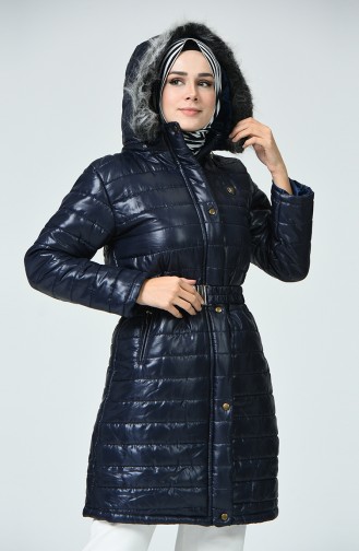 Fur Quilted Coat Navy Blue 1424-01