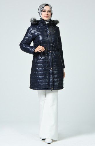 Fur Quilted Coat Navy Blue 1424-01