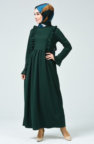 Fırfırlı Elbise 1424-03 Zümrüt Yeşili