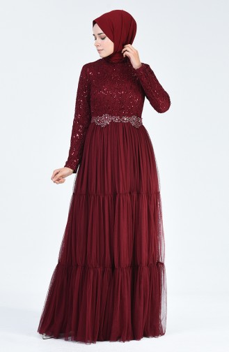 Claret Red Hijab Evening Dress 52769-02