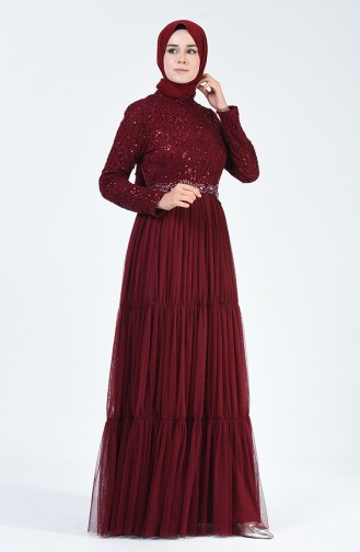 Claret Red Hijab Evening Dress 52769-02