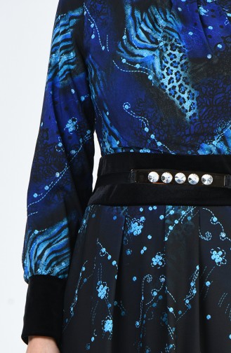 Patterned Dress 1645-02 Black Saxe Blue 1645-02