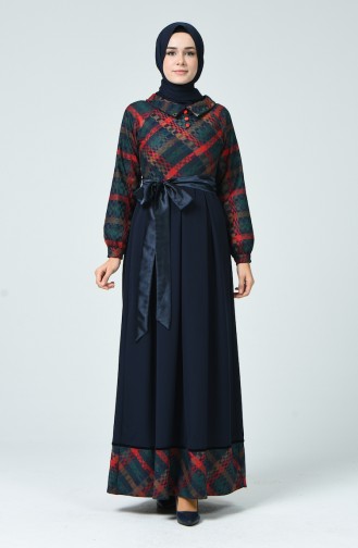 Belted Pleated Dress 3952-01 Navy Blue Red 3952-01