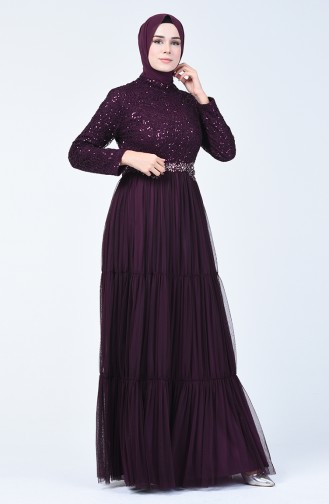 Sequin Detailed Tulle Evening Dress 52769-01 Plum 52769-01