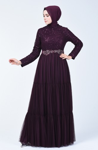 Sequin Detailed Tulle Evening Dress 52769-01 Plum 52769-01